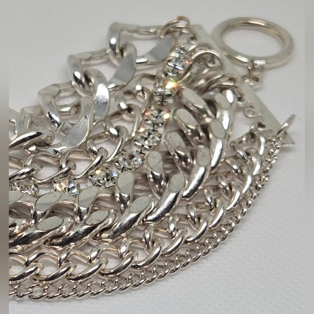 Silver Multi Strand Chain Bracelet Rhinestone Chunky Statement - Picture 4 of 6